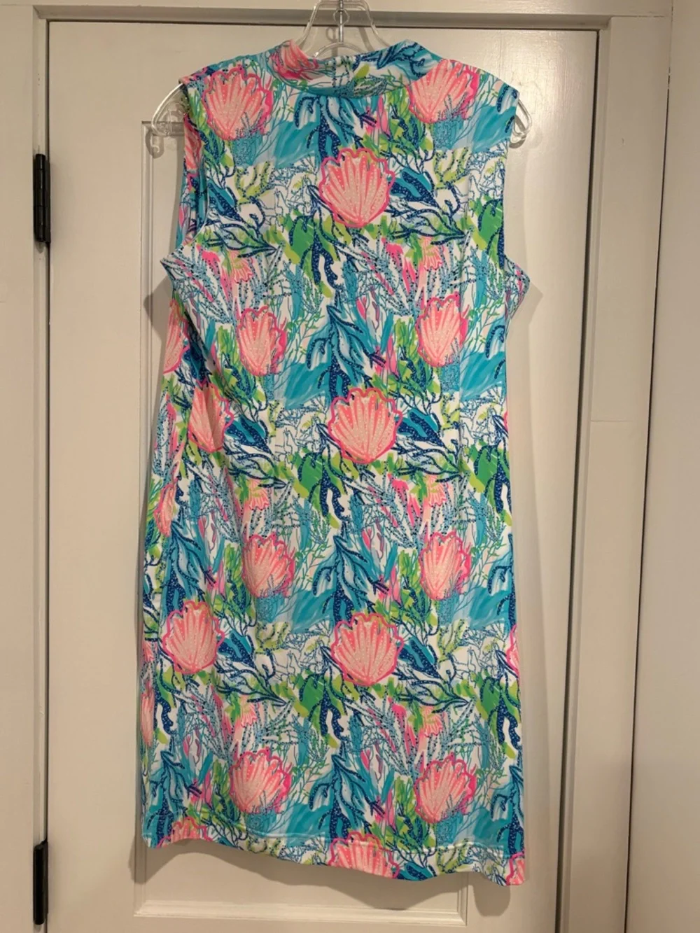 Lulu-B Sleeveless Dress White Pink Blue Shells Coral Women L Coastal Golf Preppy - Picture 10 of 12
